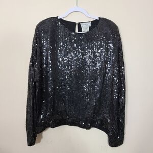 Vintage Silk Sequin Black Womens‎ L Long Sleeve Blouse Holiday Glam Candlelight